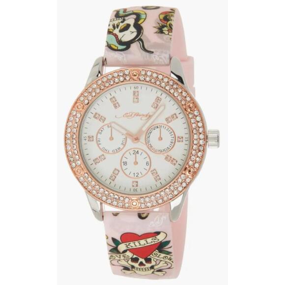NWT Ed Hardy Ladies Watch Love Kills Slowly Strap Tattoo Skull & Cosmetic Bag - Picture 1 of 4